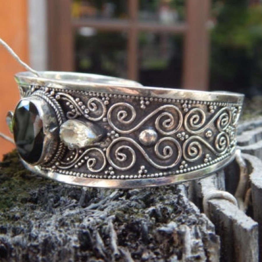 Gelang Perak Motif Ukiran Bali Handmade Batu Green Quartz 100056 Ku Ka